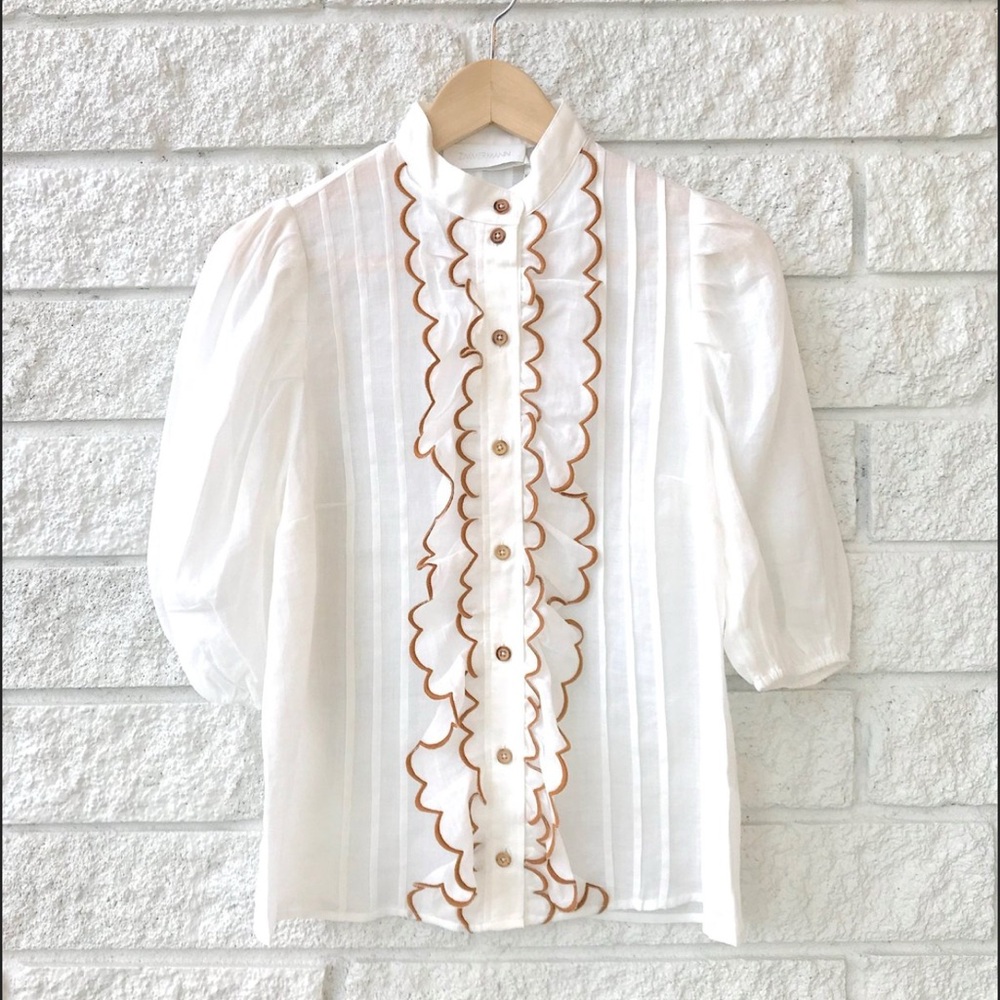 Zimmermann Aliane Scalloped Linen Blouse 0P NWT